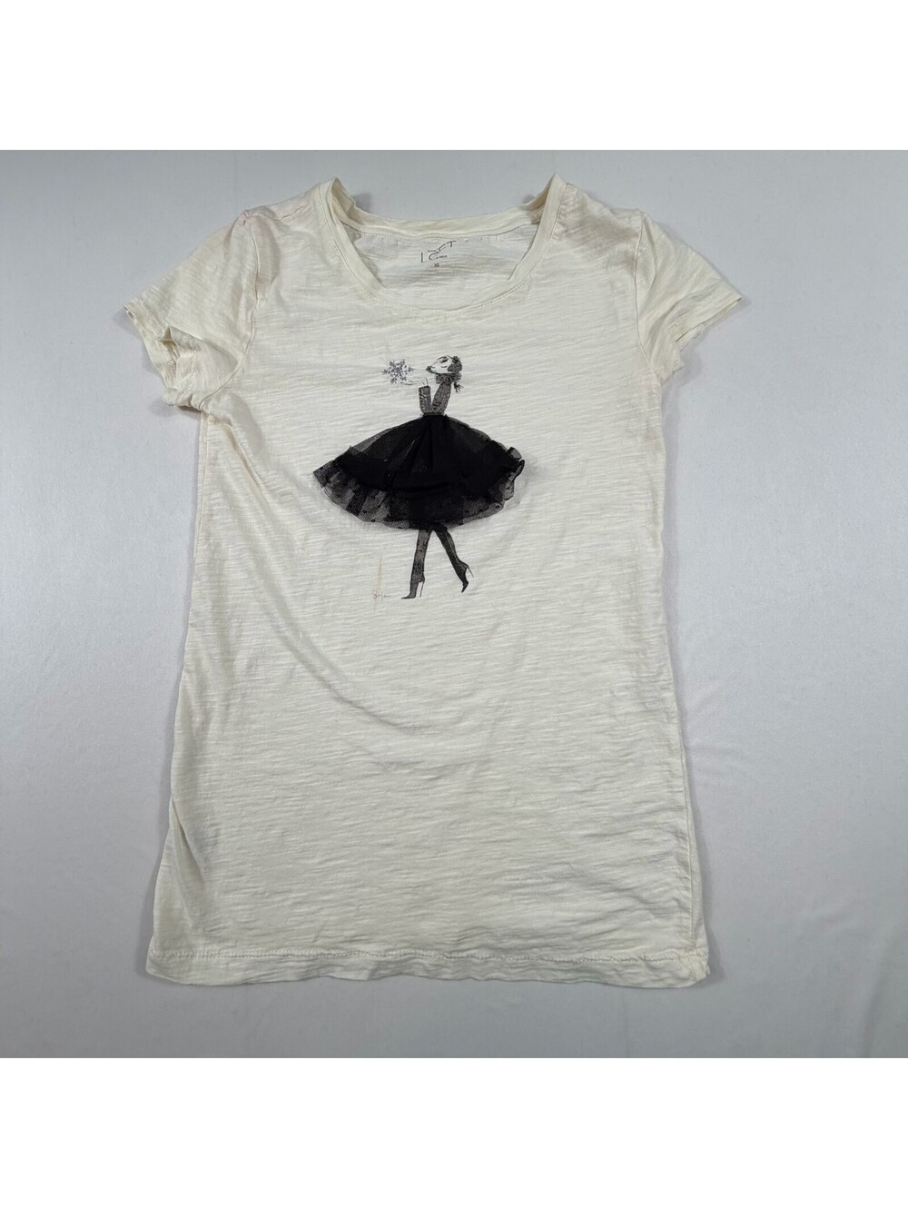 Ann Taylor LOFT Women's Cream Cotton T-Shirt with Black Tulle Skirt Graphic XS